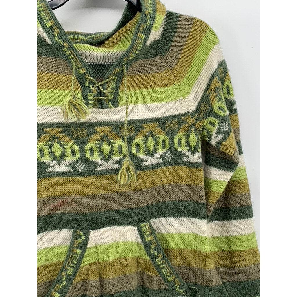 UNBRANDED Women's Green-Brown Printed Knit Hooded Fringe Hem Sweater SZ S
