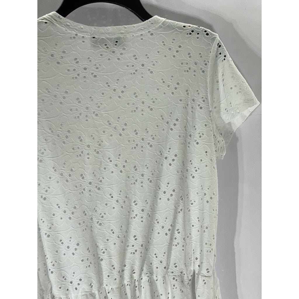 NANETTE LEPORE Women’s White Eyelet Short Sleeve Crewneck Peplum Top SZ S