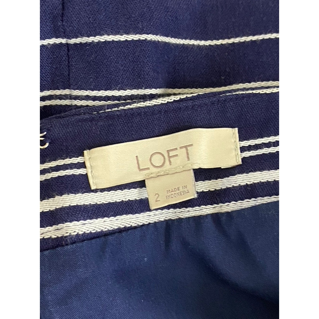 LOFT Women's Blue/White Striped Button Detail Lined Cotton-Blend Mini Skirt SZ 2