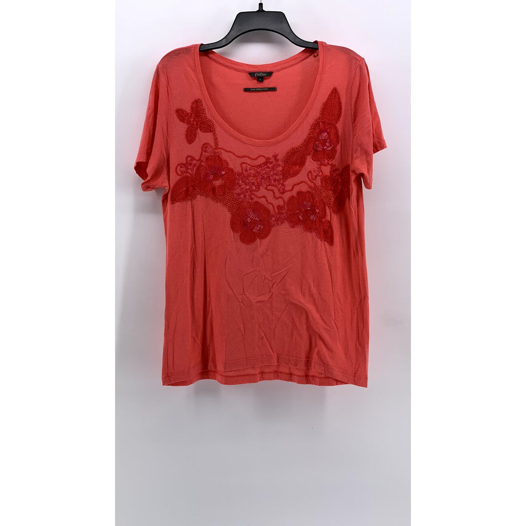 POPURI Women's Orange Hand Embellished Floral Short Sleeve Top SZ L