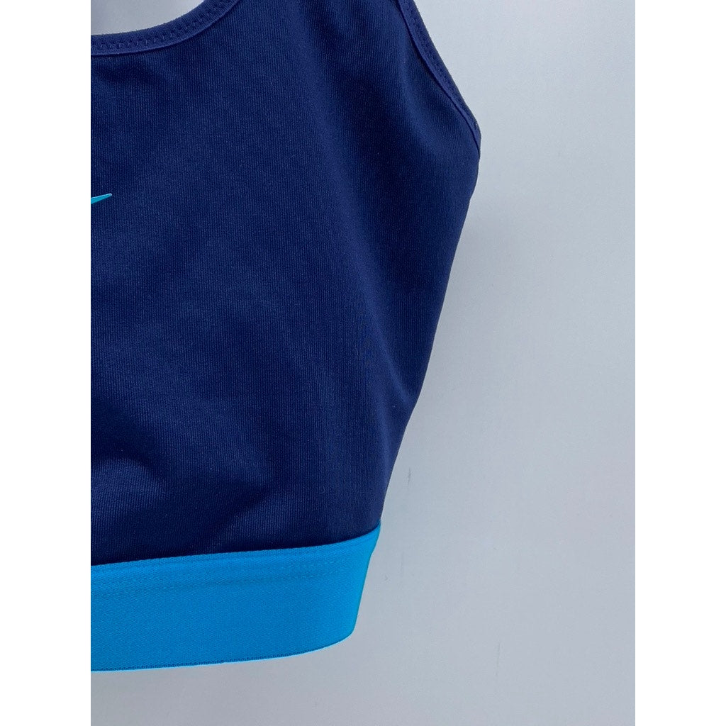 NIKE Women's Navy-Light Blue Scoop-Neck Logo Dri-Fit Cross-Back Sport Bra SZ M