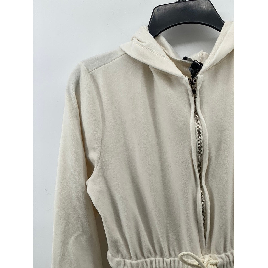 FOREVER 21 Women's Cream Fleece Half-Zip Drawstring Waist Hooded Jumpsuit SZ S