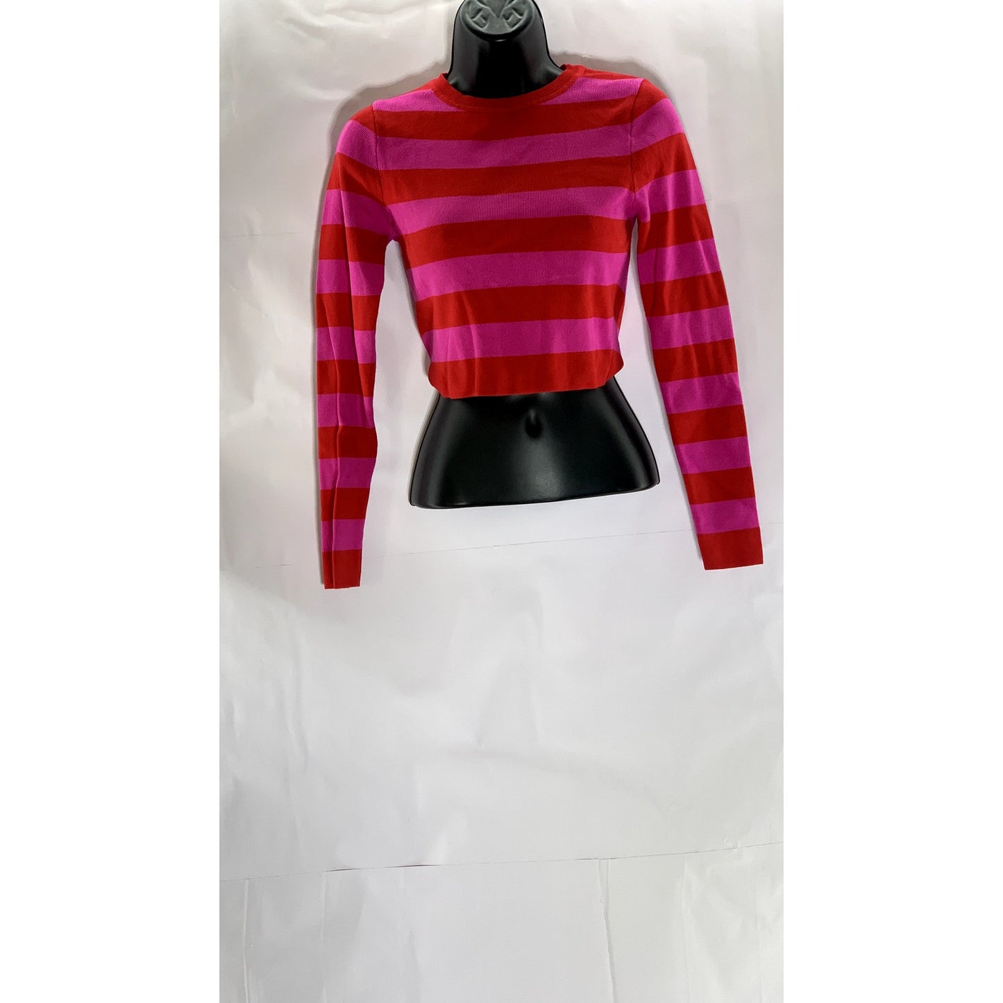 ZARA Women's Pink-Red Striped Crewneck Knit Long Sleeve Crop Top SZ M