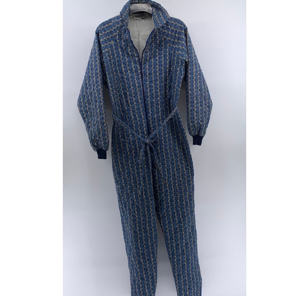 LILLIAN LOROW Women's Blue 1970's Liberty Floral Quilted Belted Jumpsuit SZ S