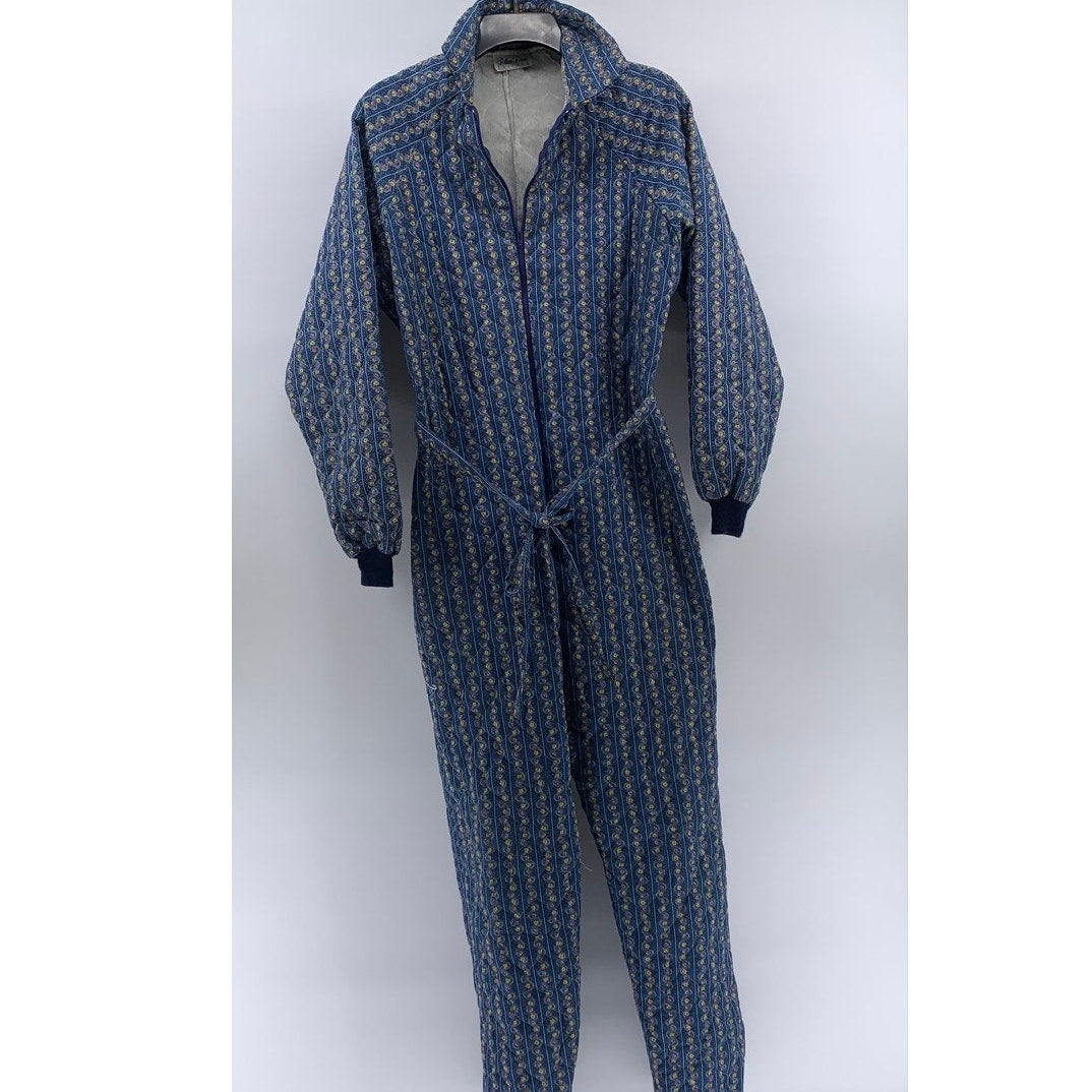 LILLIAN LOROW Women's Blue 1970's Liberty Floral Quilted Belted Jumpsuit SZ S