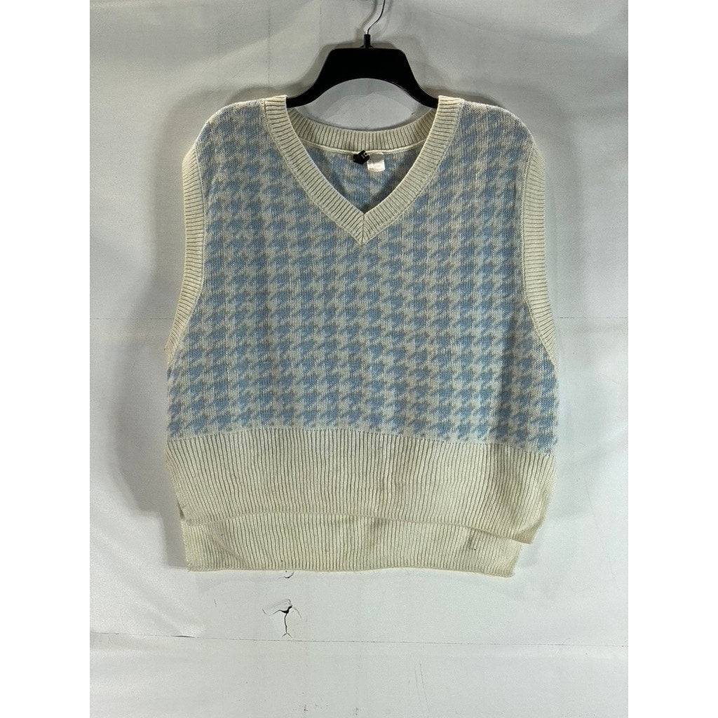 H&M DIVIDED Women's Cream/Blue Houndstooth V-Neck Sweater Vest SZ L