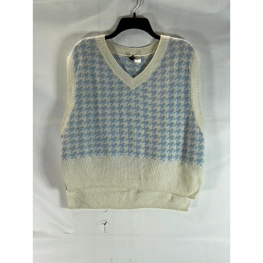 H&M DIVIDED Women's Cream/Blue Houndstooth V-Neck Sweater Vest SZ L