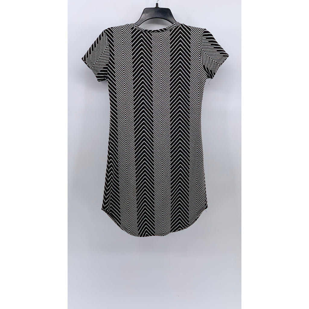 LOVE NATION Women's Black-White Herringbone Crewneck Short Sleeve Dress SZ S