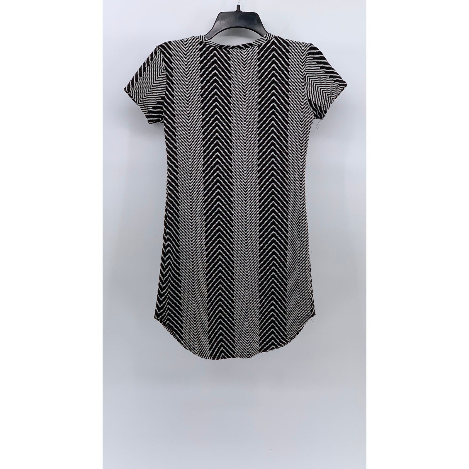 LOVE NATION Women's Black-White Herringbone Crewneck Short Sleeve Dress SZ S