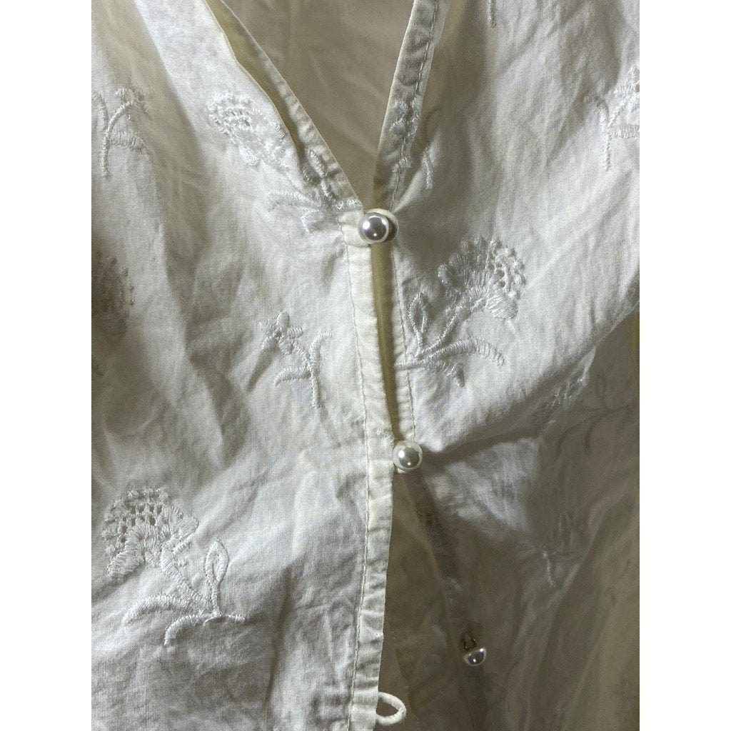 JOIE Women's White Embroidered Floral Faux-Pearl Button-Up Long Sleeve Top SZ S