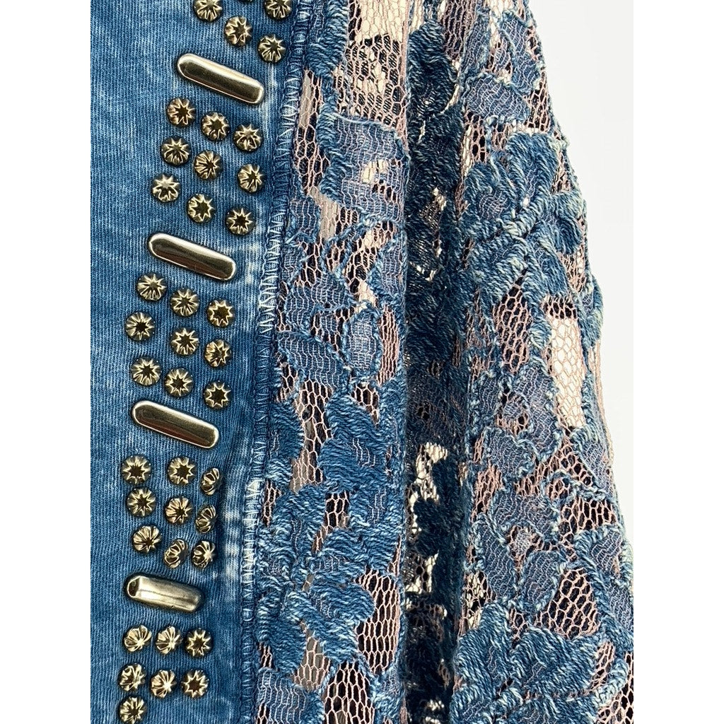 AMERICAN AGE Women's Blue Lace Long Sleeve Studded Top SZ M