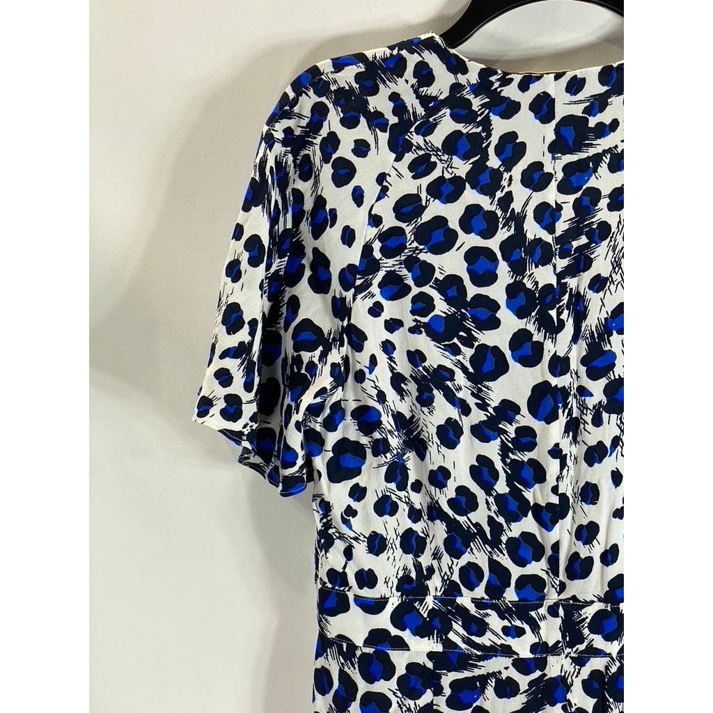 WHISTLES Women's Blue Brushed Leopard Button V-Neck Short Sleeve Dress SZ 8