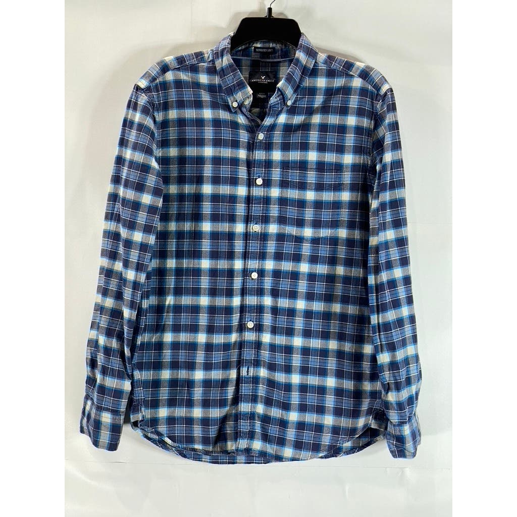 AMERICAN EAGLE OUTFITTERS Men's Blue Plaid Soft Button-Up Flannel Shirt SZ M