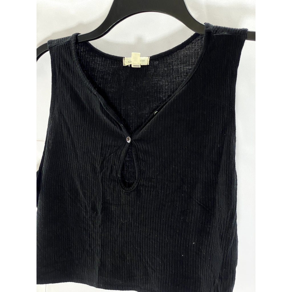 SILENCE + NOISE Women's Black Ribbed Button-Front Keyhole Crop Top SZ S