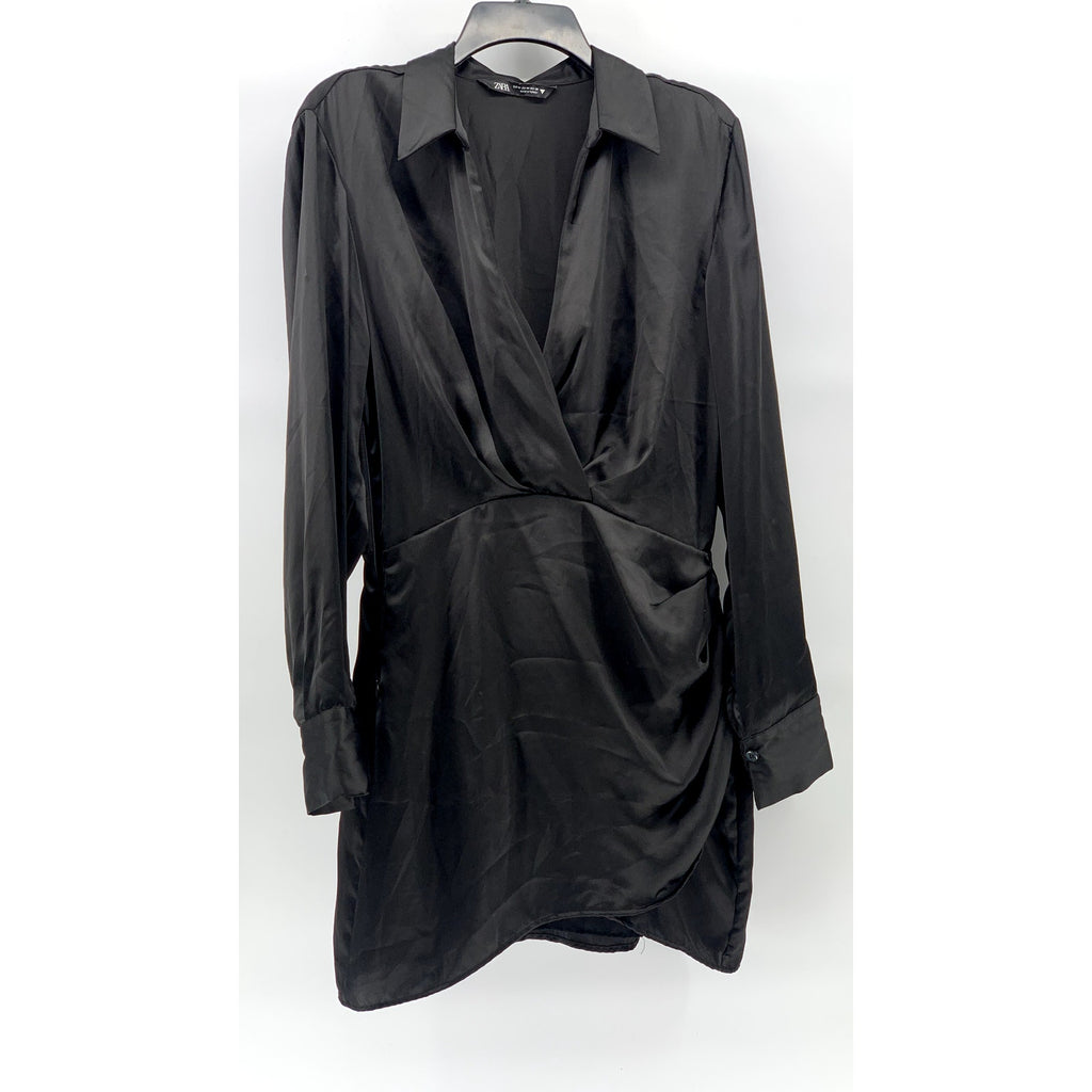 ZARA Women's Black Surplice Neck Long Sleeve Collared Side-Ruched Mini Dress SZM