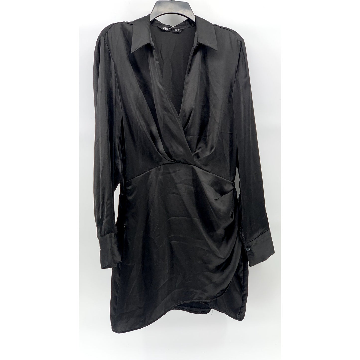 ZARA Women's Black Surplice Neck Long Sleeve Collared Side-Ruched Mini Dress SZM