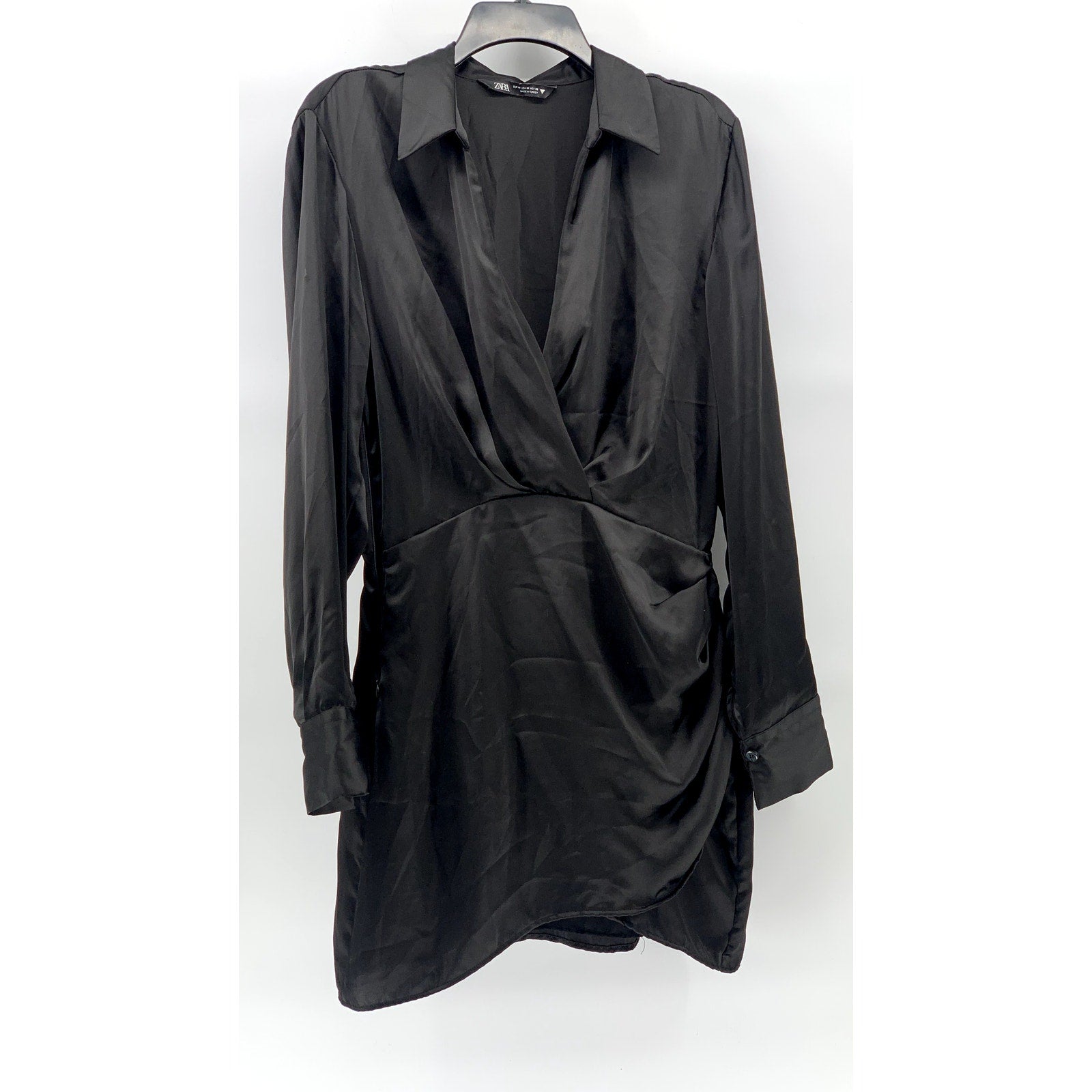 ZARA Women's Black Surplice Neck Long Sleeve Collared Side-Ruched Mini Dress SZM