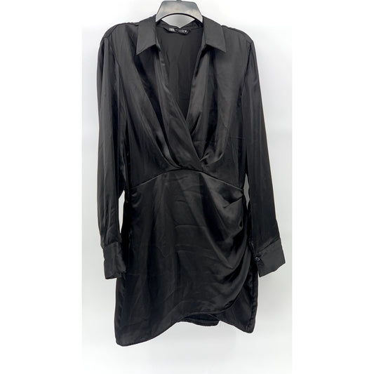 ZARA Women's Black Surplice Neck Long Sleeve Collared Side-Ruched Mini Dress SZM
