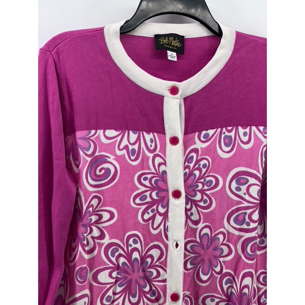 BOB MACKIE Women's Pink Wearable Art Floral Button-Up Long Sleeve Cardigan SZ S