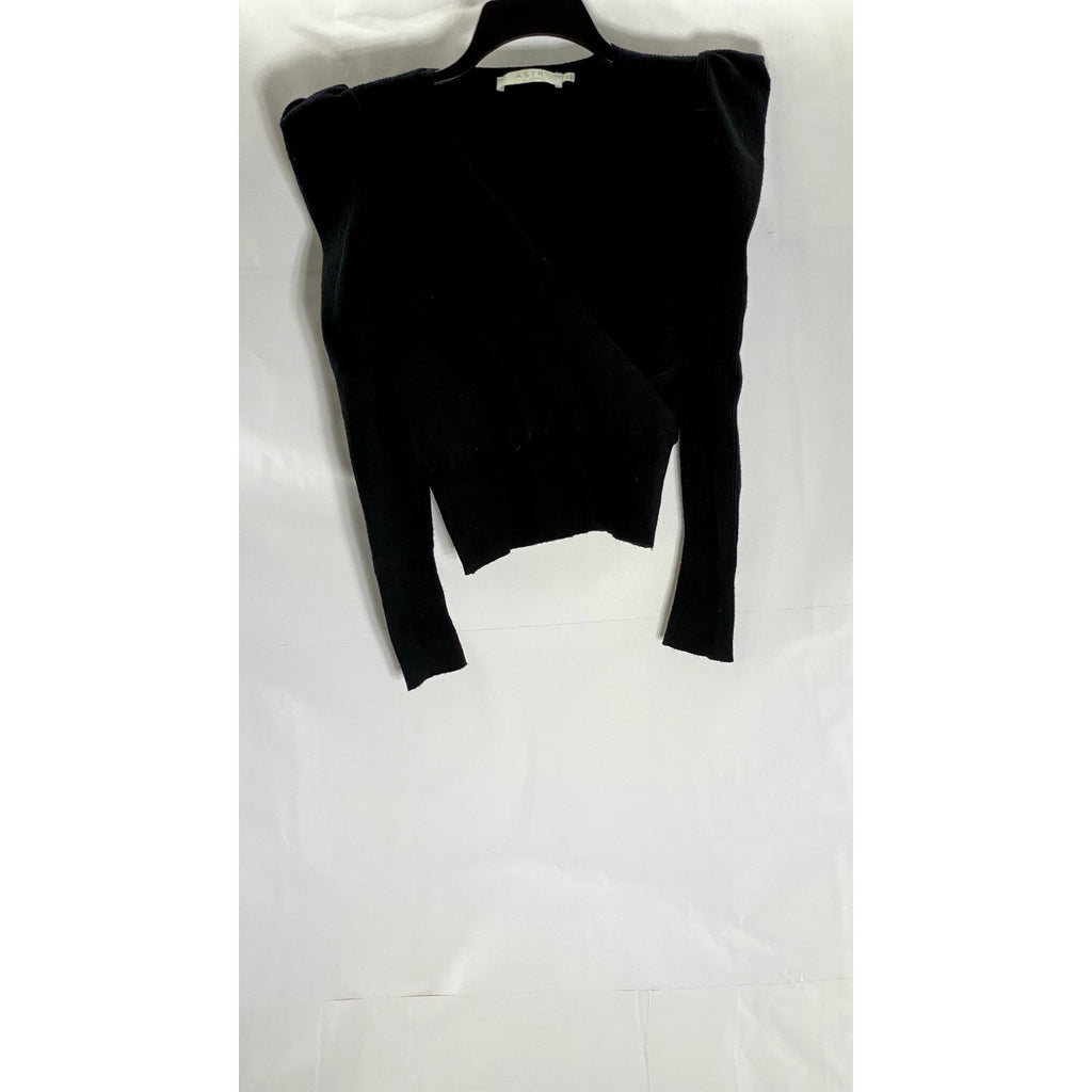 ASTR THE LABEL Women's Black Ribbed Puff Long Sleeve Surplice Top SZ XS