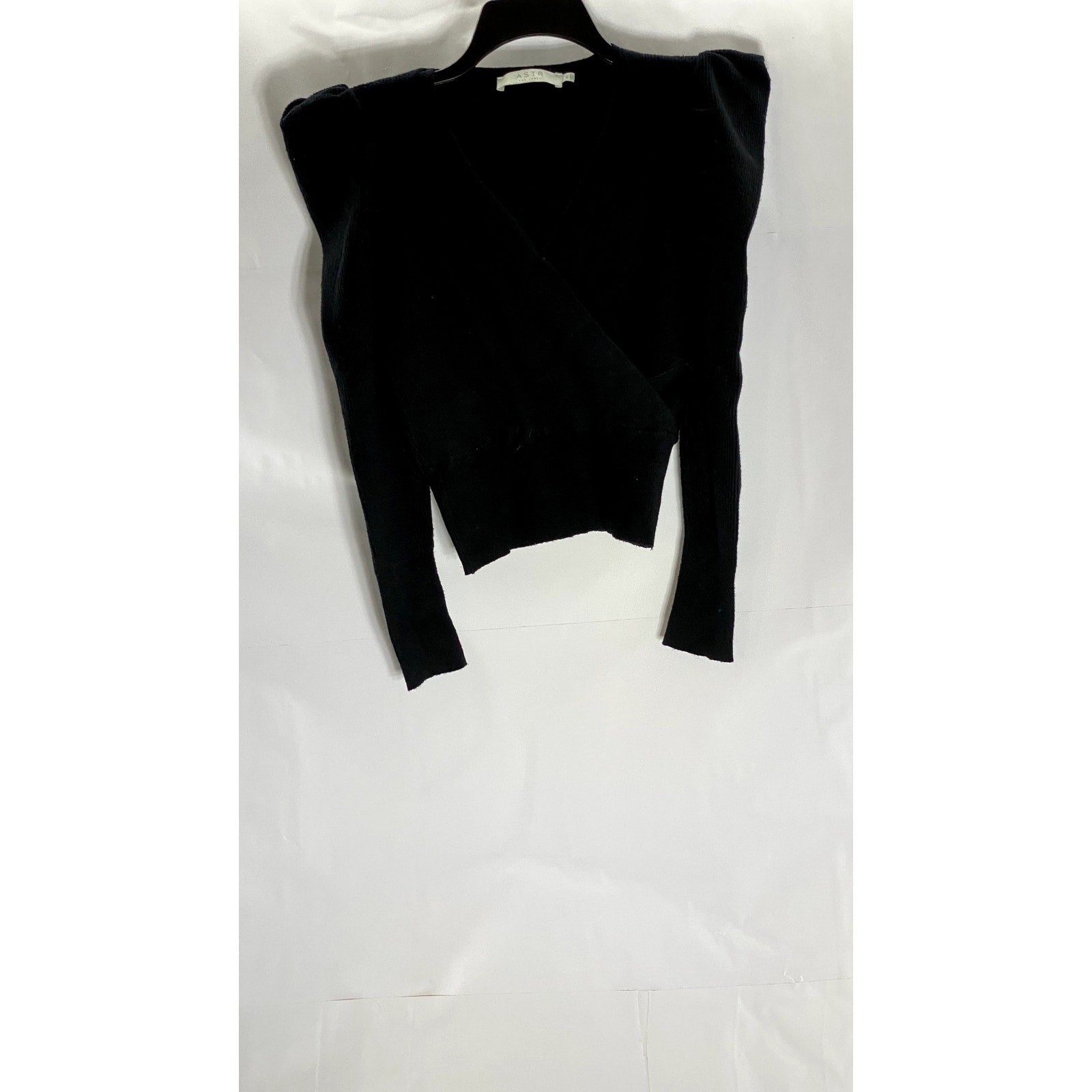 ASTR THE LABEL Women's Black Ribbed Puff Long Sleeve Surplice Top SZ XS
