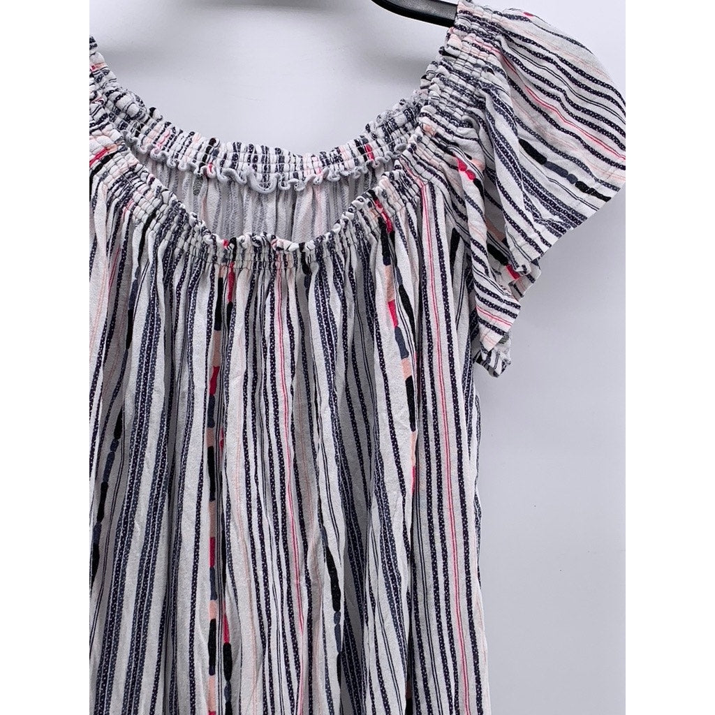 UNBRANDED Women's White-Navy Striped Boho Top SZ M