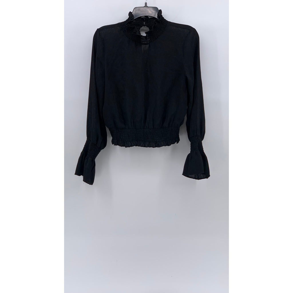 UNBRANDED Women's Black Sheer Mock-Neck Long Bell Sleeve Top SZ S