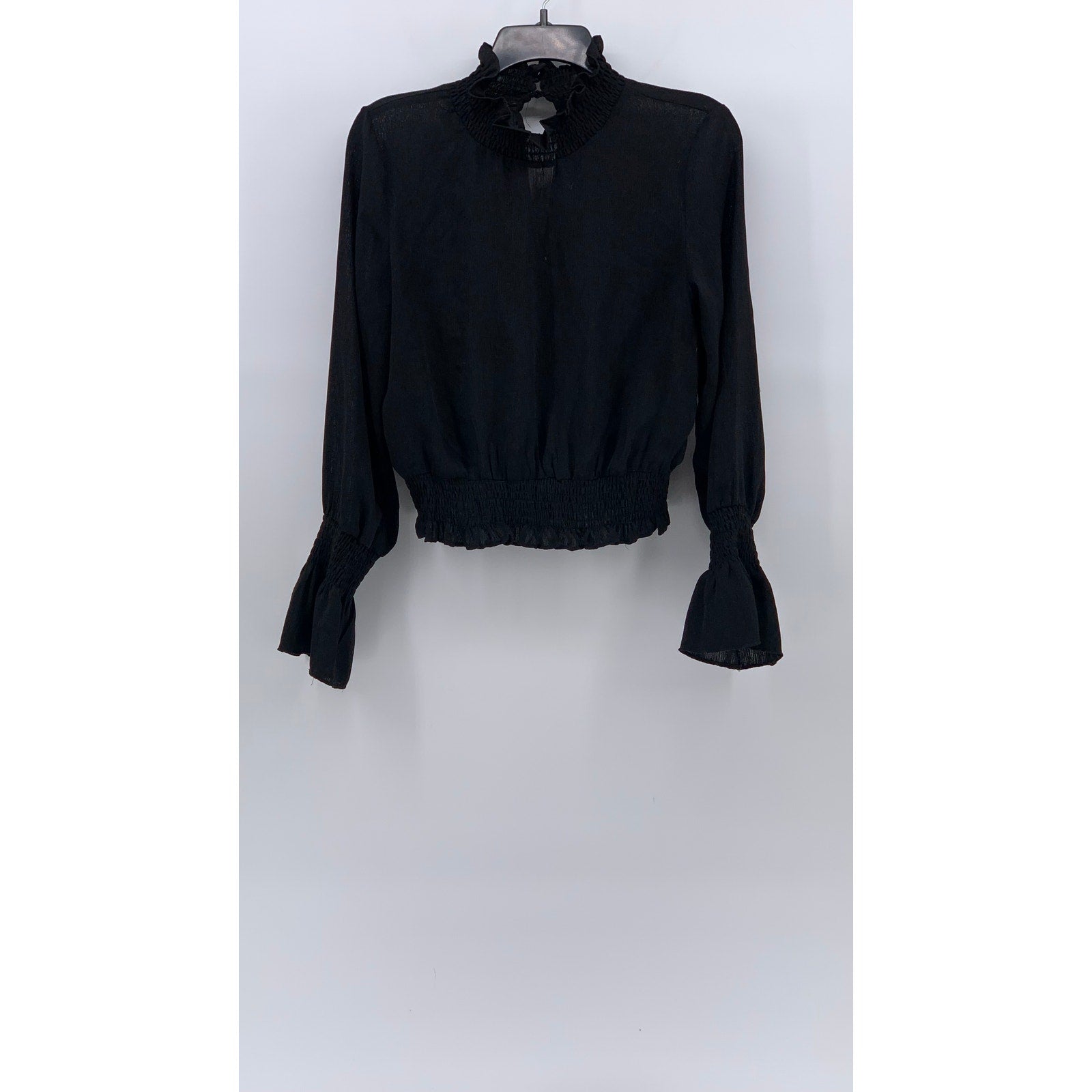 UNBRANDED Women's Black Sheer Mock-Neck Long Bell Sleeve Top SZ S