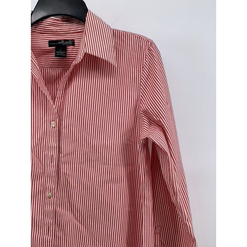 WILLI SMITH Women's Red-White Striped Button-up Regular-Fit Long Sleeve Top SZ L