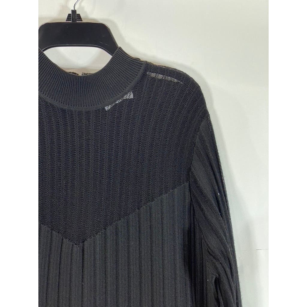 REISS Women's Clemmy Black Pleated Long Sleeve A-line Illusion Dress SZ L