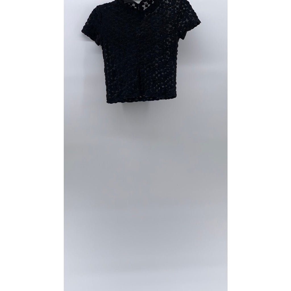 ZARA W&B Women's Black Mesh Textured Mock-Neck Short Sleeve Cropped Top SZ S