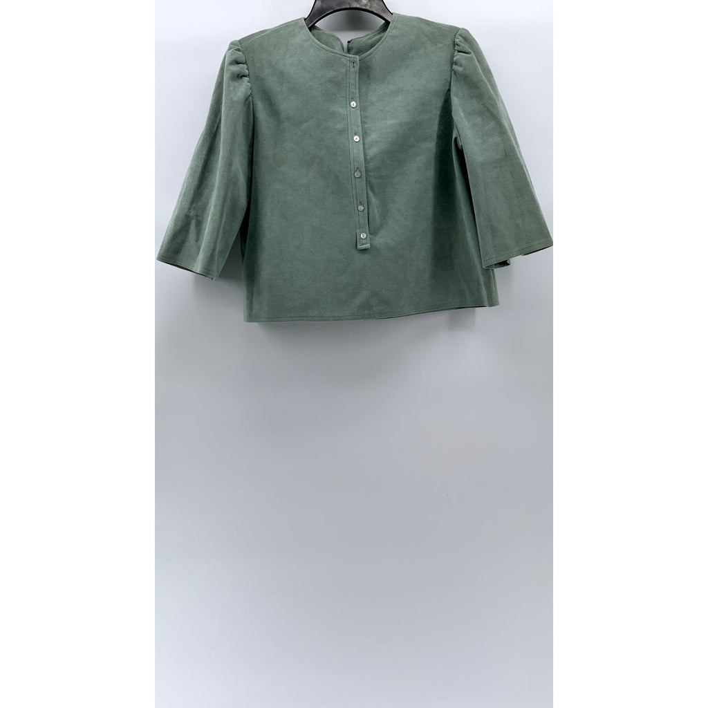 JOAN LESLIE BY KASPER Women's Mint Green Suede Button-Front Puff-Sleeve Top SZ S