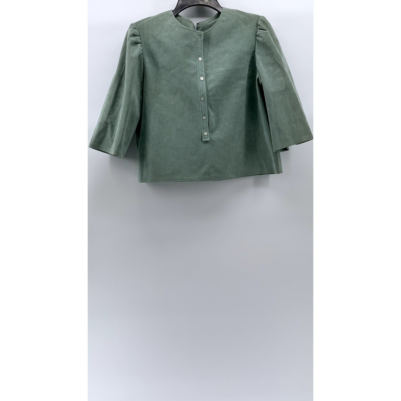 JOAN LESLIE BY KASPER Women's Mint Green Suede Button-Front Puff-Sleeve Top SZ S