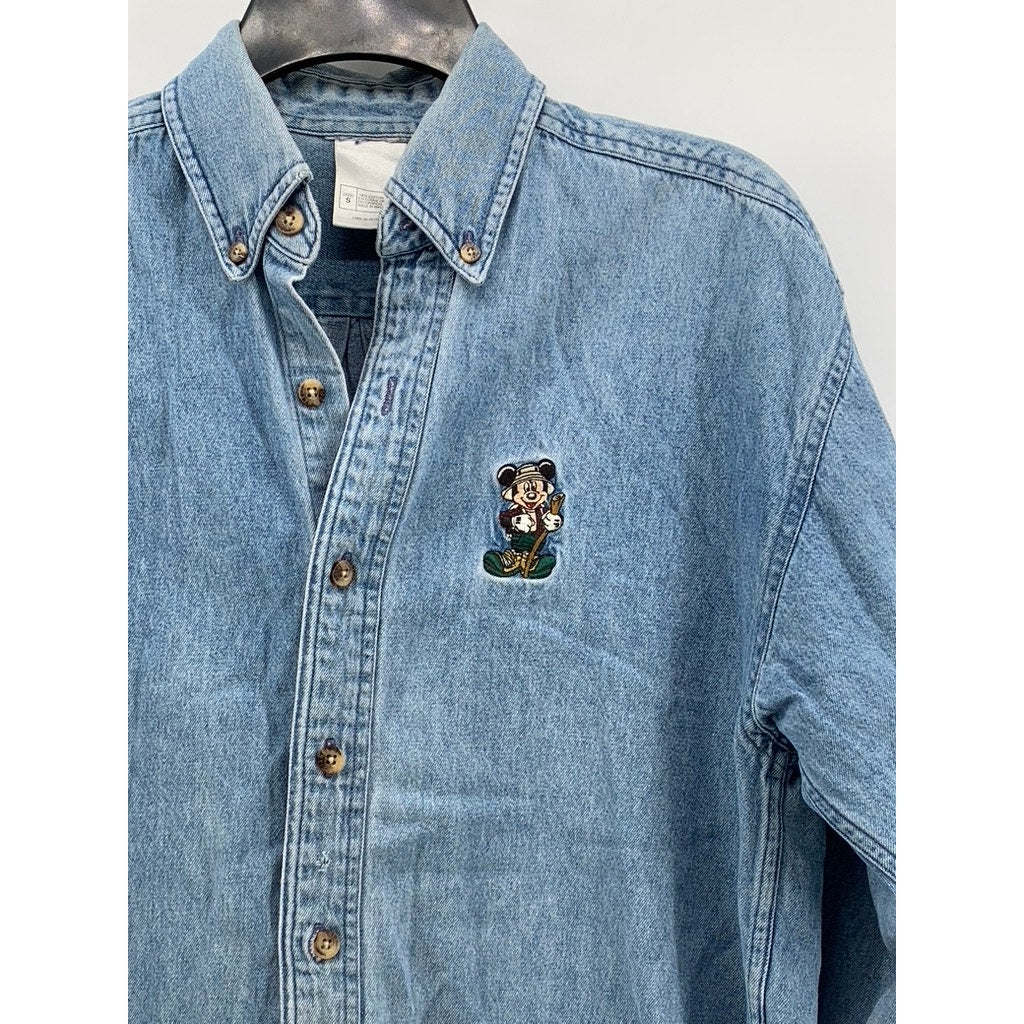 DISNEY Men's Blue Denim Embroidered Mickey Mouse Button-Up Shirt SZ S