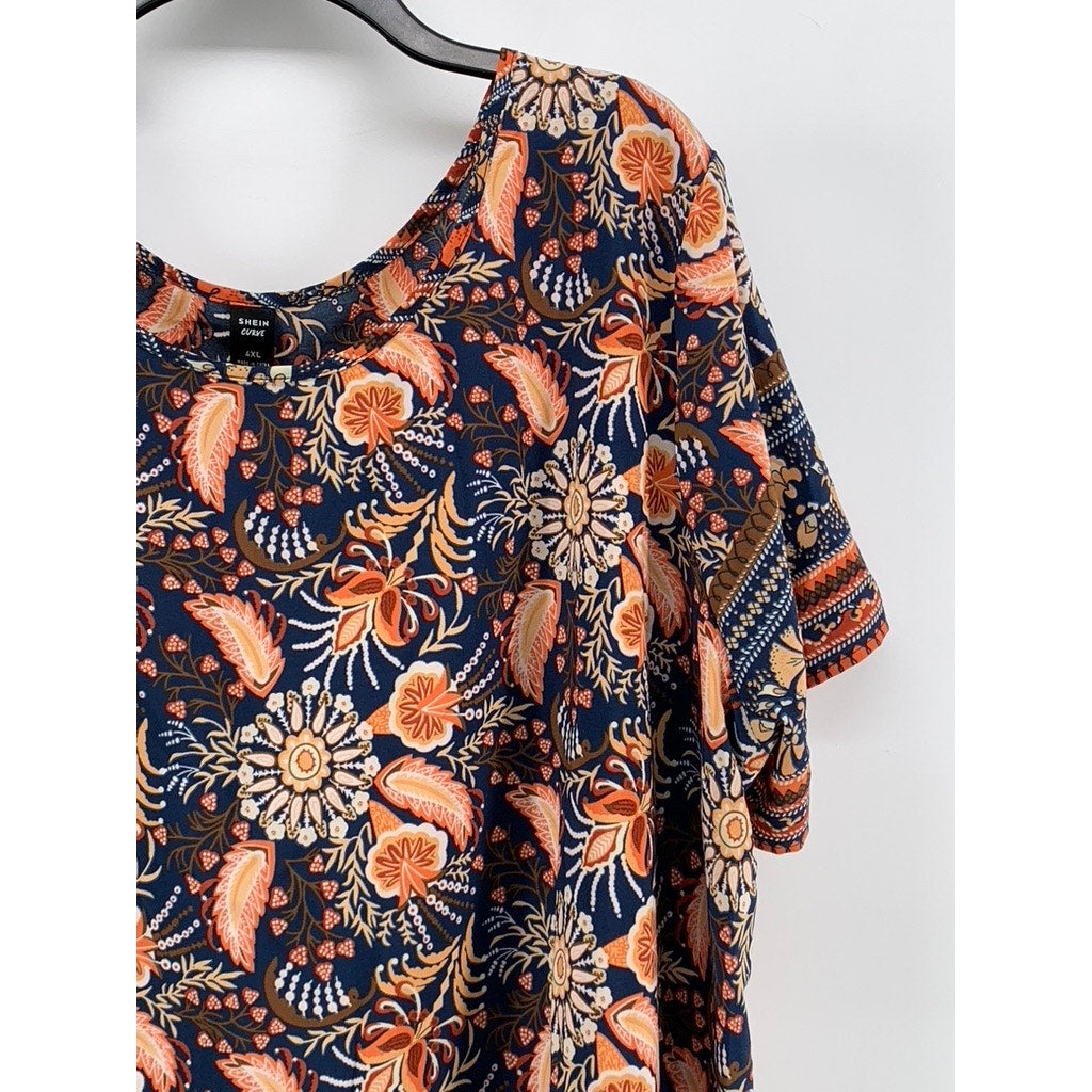 SHEIN CURVE Women's Navy-Orange Printed Short Sleeve Dress SZ 4XL