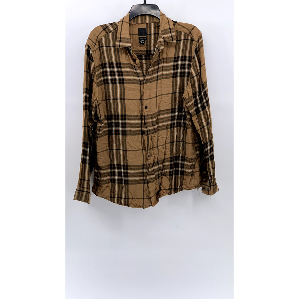 H&M Men’s Tan-Black Plaid Button-Up Regular Fit Shirt SZ M