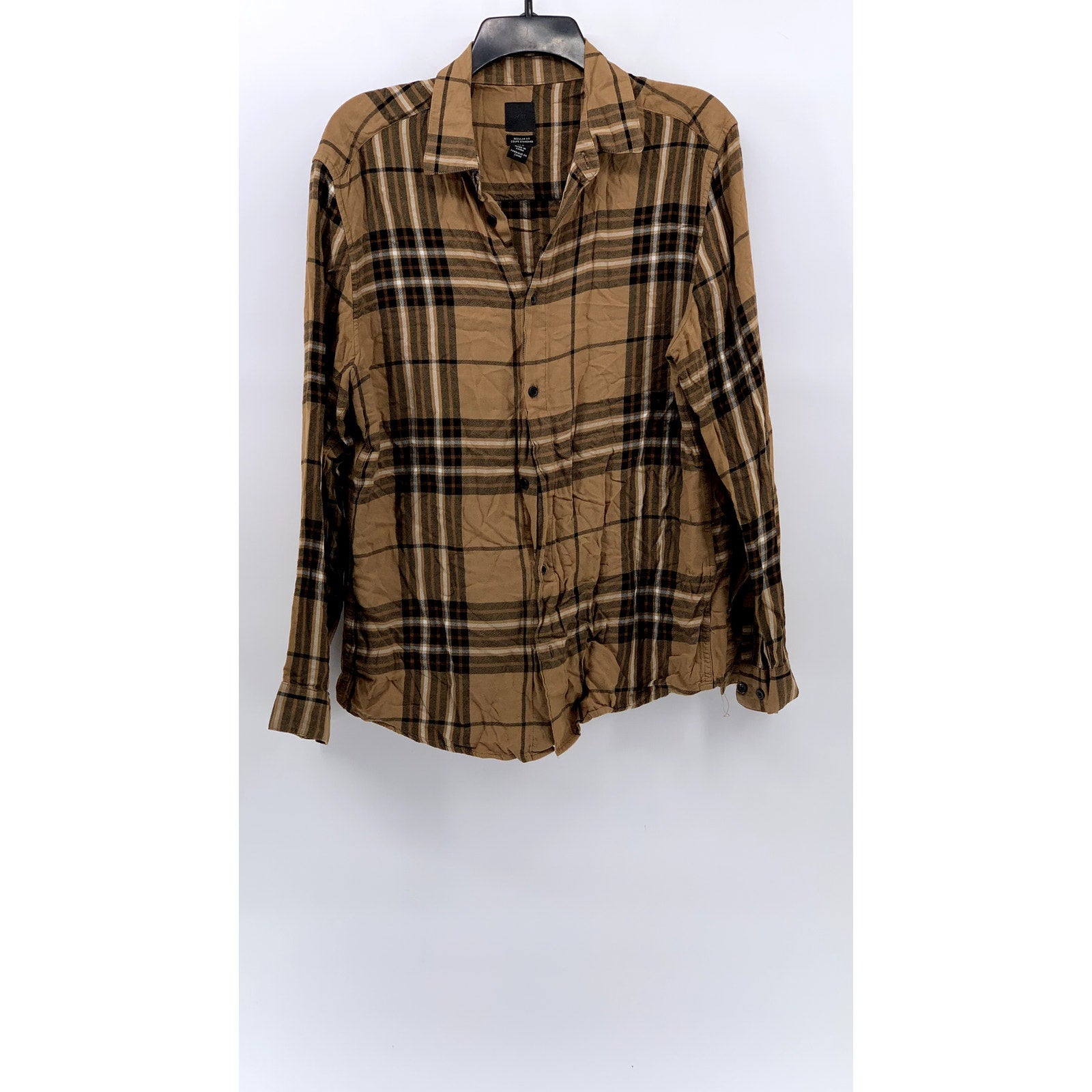 H&M Men’s Tan-Black Plaid Button-Up Regular Fit Shirt SZ M