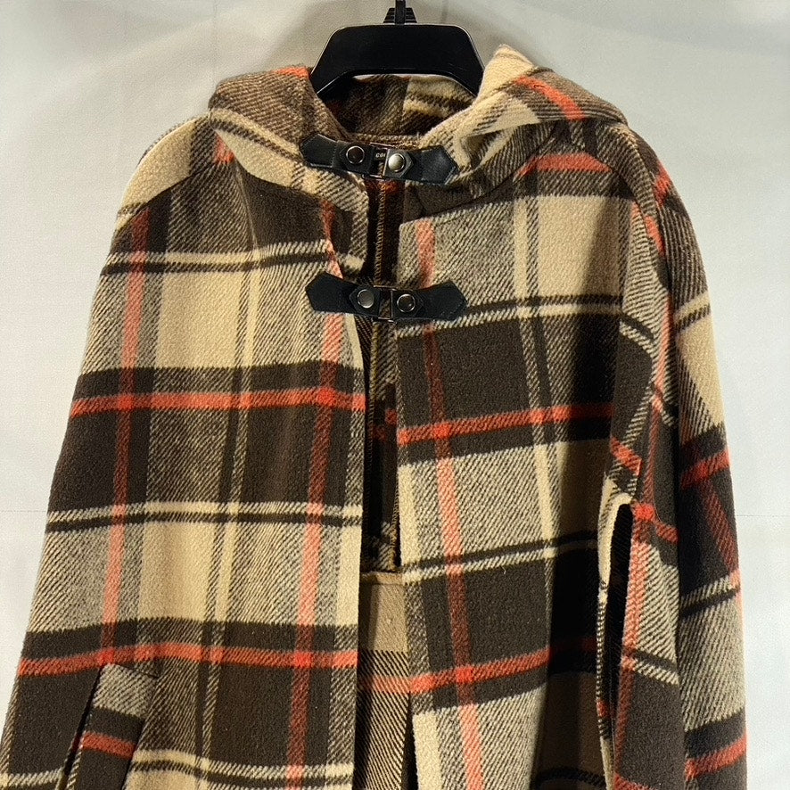 COCO + CARMEN Women's Hooded Brown Plaid Toggle Poncho Ruana OS
