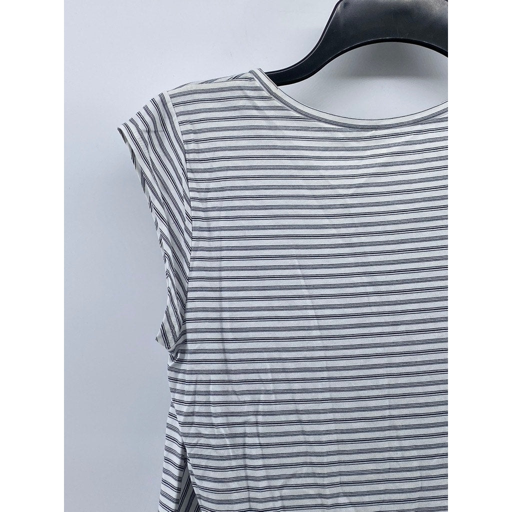 LOFT OUTLET Women's Petite White-Gray Striped Crewneck Ruffle-Hem Top M/P