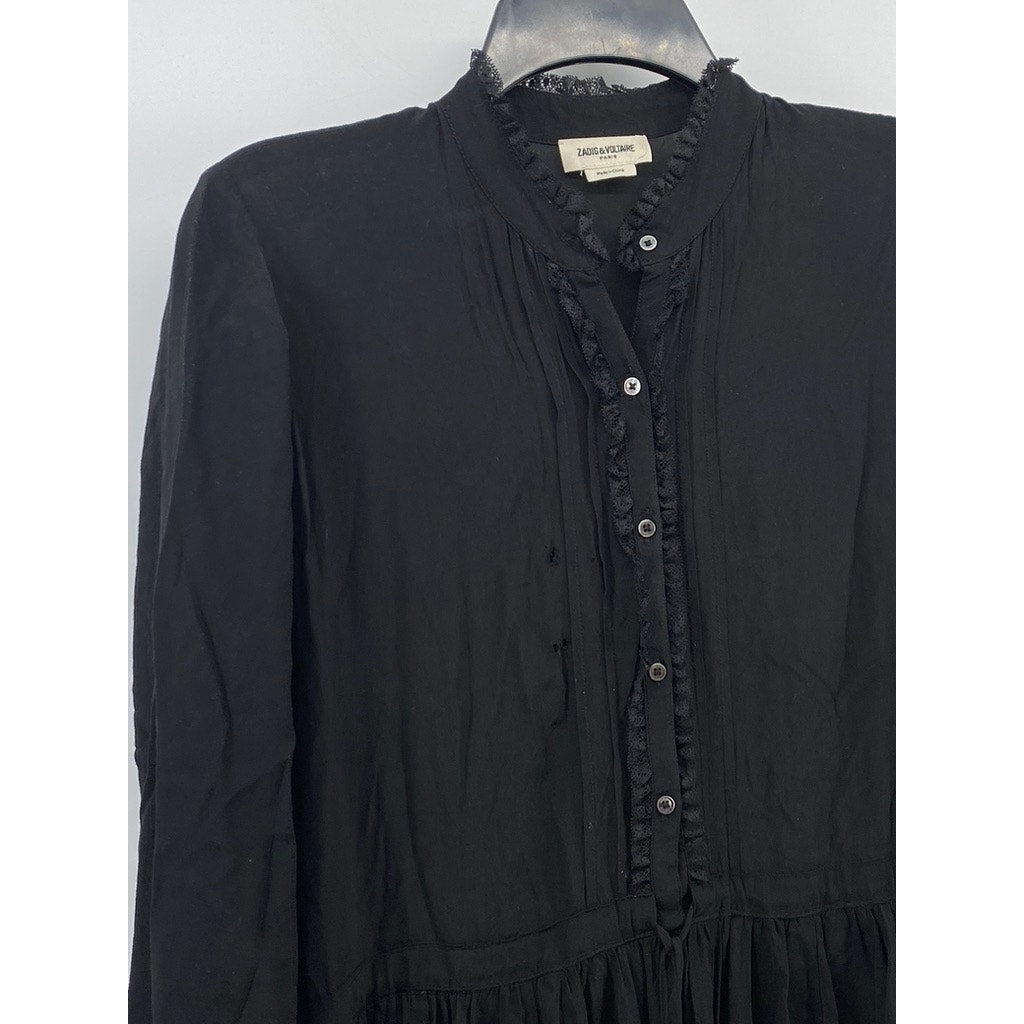 ZADIG  & VOLTAIRE Women's Black Ruffle-Trim Long Sleeve Prairie Knee Dress SZ XS