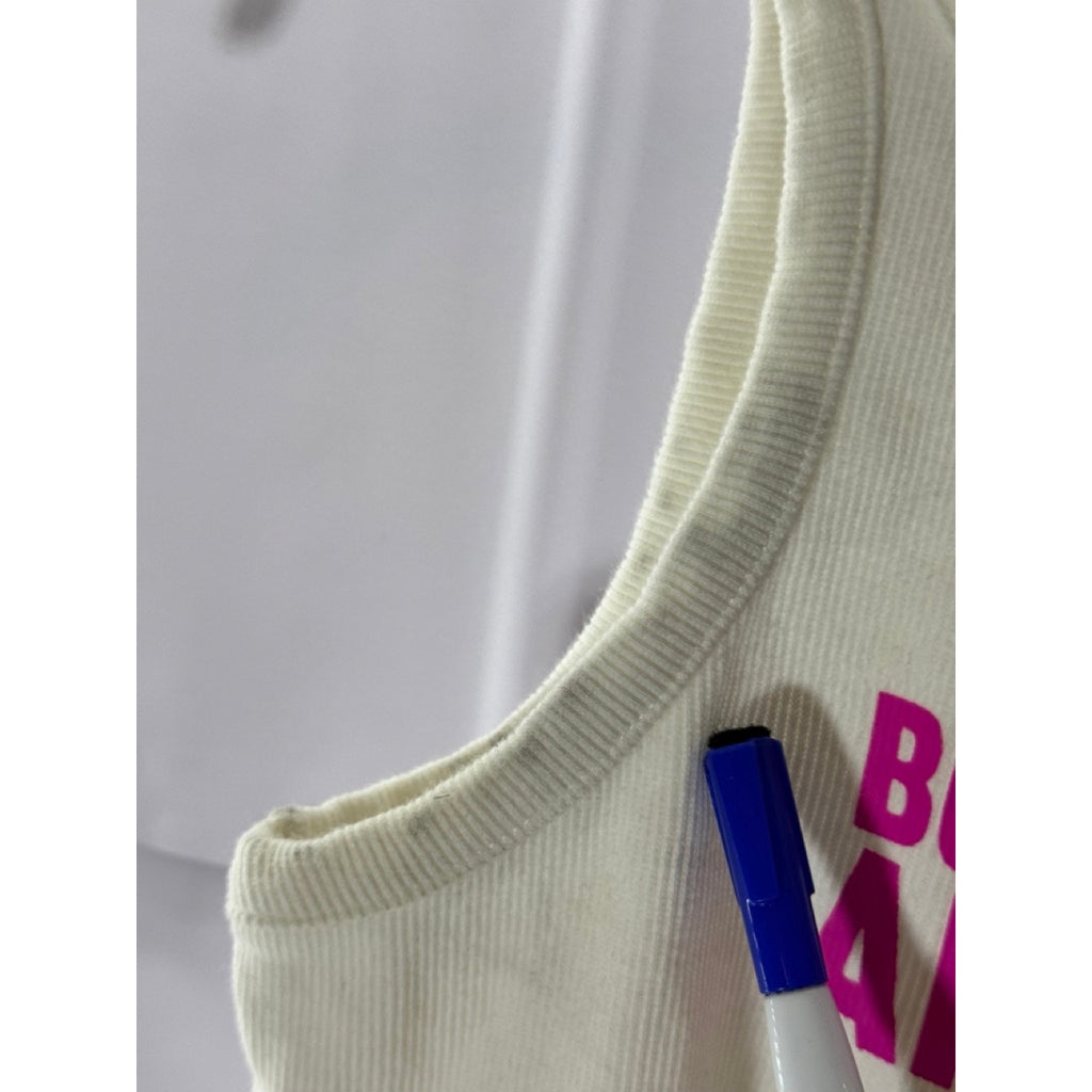 THE MAYFAIR GROUP Women's White/Pink Ribbed Boundaries Are Hot Crop Top SZ S/M