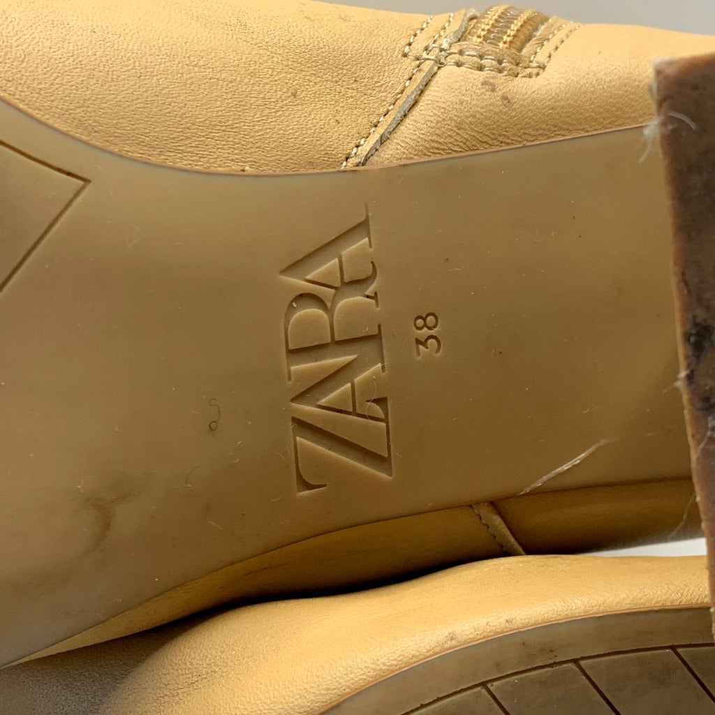 ZARA Women's Tan Faux-Leather Block-Heel Round-Toe Ankle Boots SZ 8