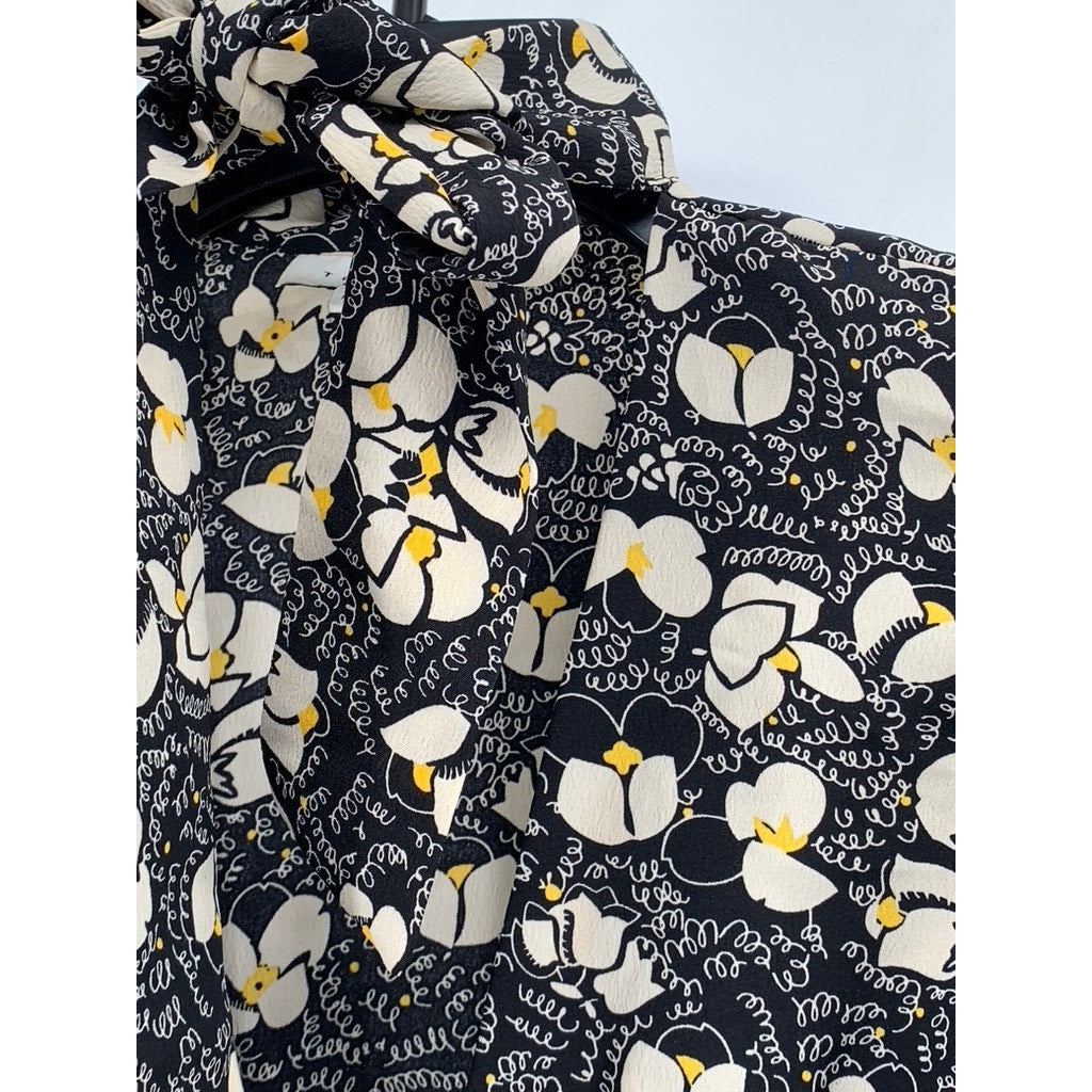 TOPSHOP Women's Black Floral Print Tie Neck Long Sleeve Mini Dress SZ 4