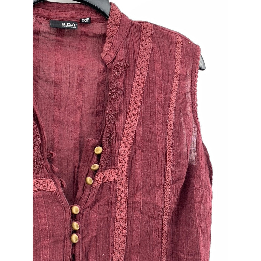 A.N.A A NEW APPROACH Women's Burgundy Knit Sleeveless Button-Up Top SZ L