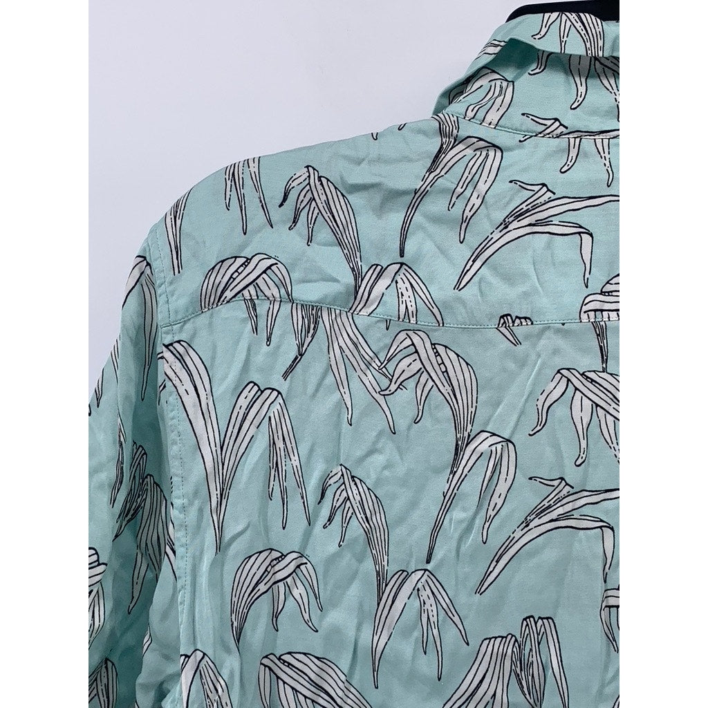 SANDRO PARIS Men's Light Blue-White Leaf Print Button-Up Casual Shirt SZ M