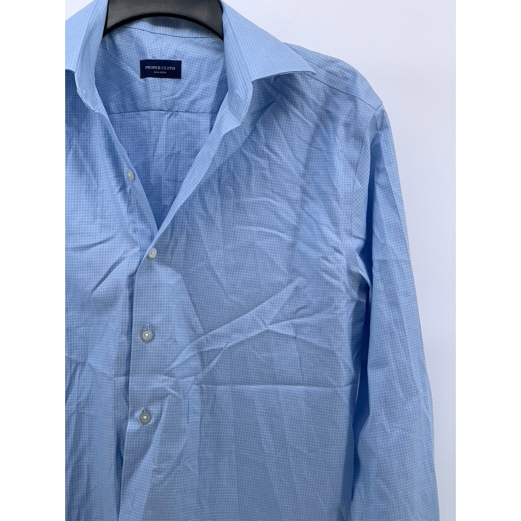 PROPER CLOTH Men's Light Blue Gingham Regular-Fit Long Sleeve Shirt SZ 16