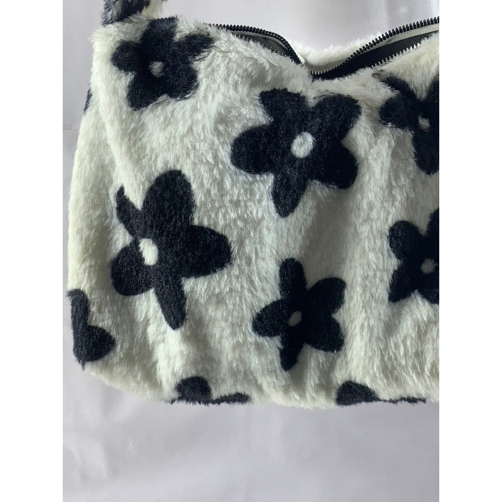 UNBRANDED Women's Black-White Floral Print Faux-Fur Shoulder Bag