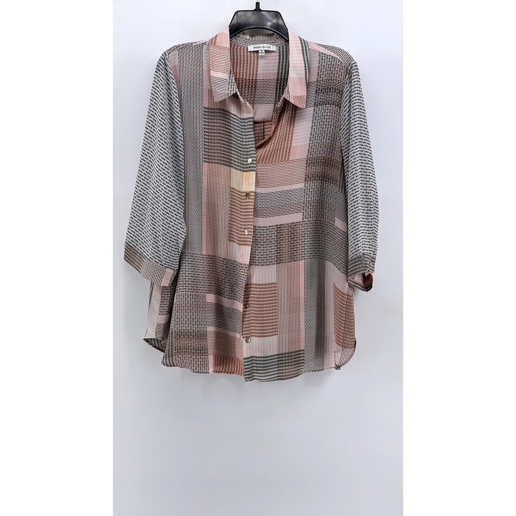 ROSE + OLIVE Women's Plus Pink-Gray Geo Print Button-Up 3/4 Sleeve Top SZ 1X