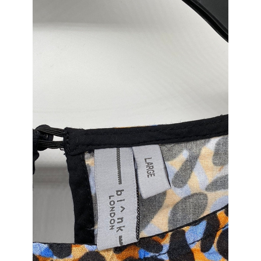 BLANK LONDON Women's Black-Blue-Orange Leopard Print Ruffle Long Sleeve Top SZ L