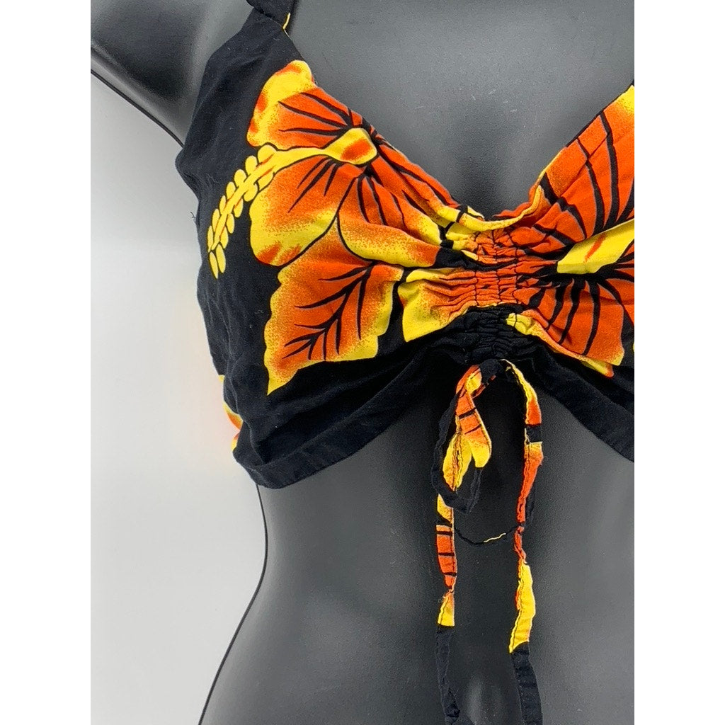 FAVANT HAWAII Women's Black-Orange Floral V-Neck Tie-Back Crop Top SZ OS